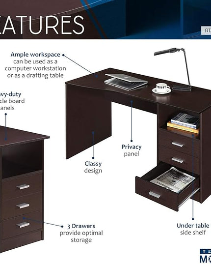 Techni Mobili Classic Computer Desk with Multiple Drawers, 29.5" x 23.6" x 51.2", Wenge - LeafyLoom