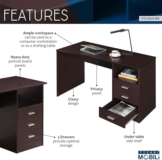 Techni Mobili Classic Computer Desk with Multiple Drawers, 29.5" x 23.6" x 51.2", Wenge - LeafyLoom