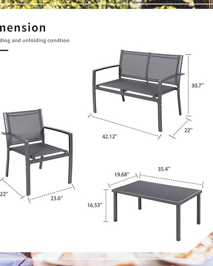 Shintenchi 4 Pieces Patio Furniture Set, Modern Design, Durable Steel Frame, Comfortable Textile Cushions, Easy to Move and Clean - LeafyLoom