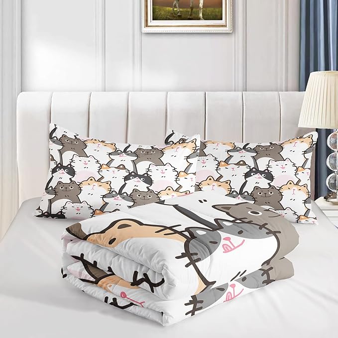 CVHOUSE Cat Bedding,Cartoon Cat Comforter King,Animals Print Comforter Set for Kids,Kawaii Quilt Set with 1 Comforter and 2 Pillow Cases - LeafyLoom
