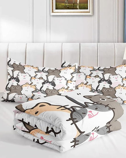 CVHOUSE Cat Bedding,Cartoon Cat Comforter Queen,Animals Print Comforter Set for Kids,Kawaii Quilt Set with 1 Comforter and 2 Pillow Cases - LeafyLoom
