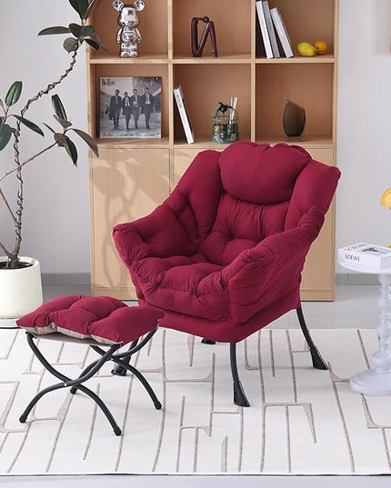 Welnow Lazy Chair with Ottoman, Modern Lounge Accent Chair with Armrests and a Side Pocket, Leisure Upholstered Sofa Chair Set, Reading Chair with Footrest for Small Space, Burgundy - LeafyLoom