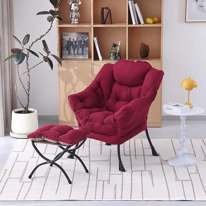 Welnow Lazy Chair with Ottoman, Modern Lounge Accent Chair with Armrests and a Side Pocket, Leisure Upholstered Sofa Chair Set, Reading Chair with Footrest for Small Space, Burgundy - LeafyLoom