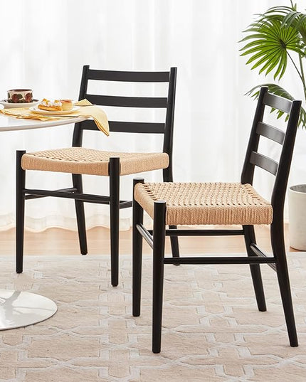 STARY Wood Rattan Dining Room Chairs Comfortable Woven Seat, Fully Assembled, New Black - Set of 2 - LeafyLoom
