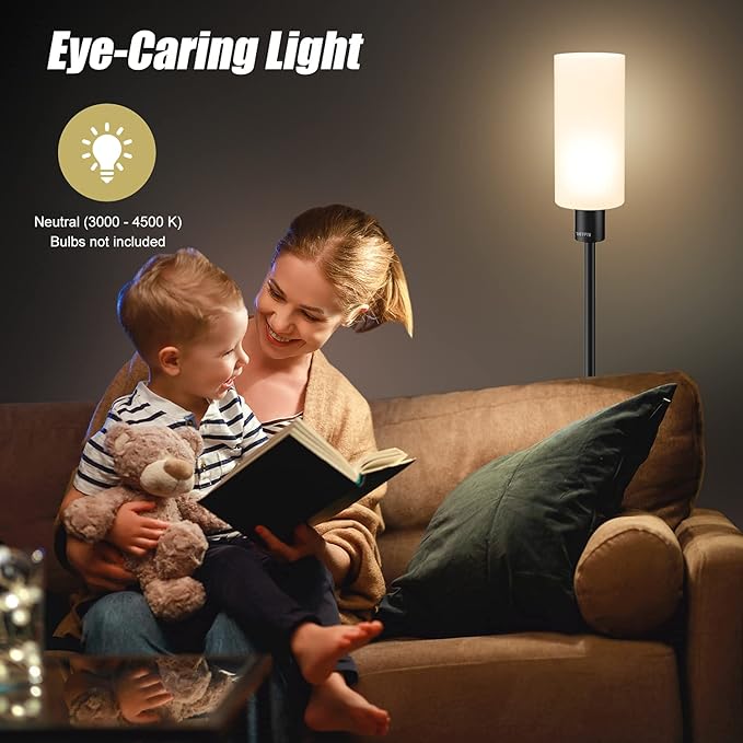 Floor Lamp for Living Room, Glass Lampshade Modern Standing Floor Lamp, 68 Inches Tall with E26 Socket for Office, Bedroom, Reading or Work - Black with White Lampshade, Bulb Not Included - LeafyLoom