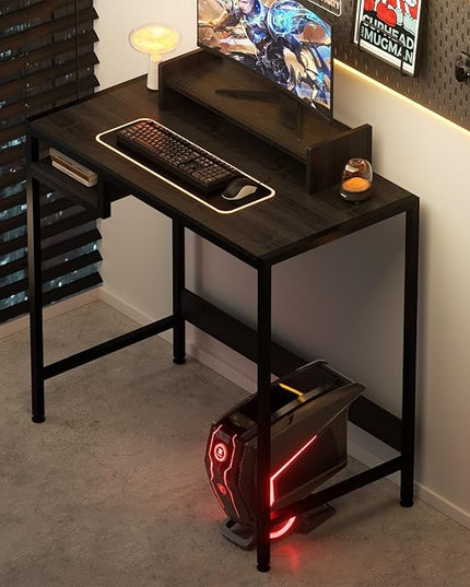 Computer Desk - 32 Inch Home Office Desk with Storage, Gaming Desk with Monitor Stand, Modern Simple Study Table, Adjustable Storage Space, Black - LeafyLoom