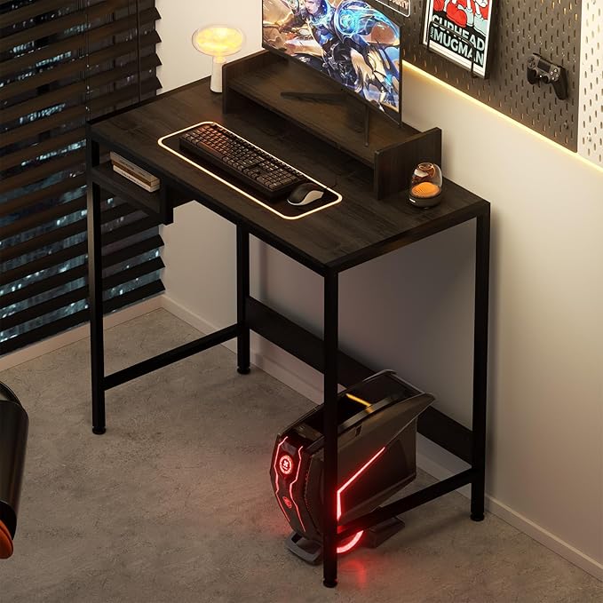 Computer Desk - 32 Inch Home Office Desk with Storage, Gaming Desk with Monitor Stand, Modern Simple Study Table, Adjustable Storage Space, Black - LeafyLoom