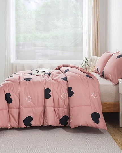 Love Pattern Girls Pink Comforter Set Twin Size, Cameo Brown Cute Love Heart Print Sexy Comforter Bedding Set for All Seasons, Geometric Soft Microfiber Comforter Set with Pillowcase - LeafyLoom