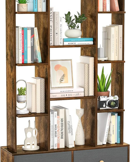 Unikito Bookshelf with 2 Drawers, Vintage Open Bookcase, Free Standing Book Shelf Organizer, Industrial Wood Bookshelves Storage Shelf, Book Case for Bedroom, Living Room, Home Office, Rustic Brown - LeafyLoom
