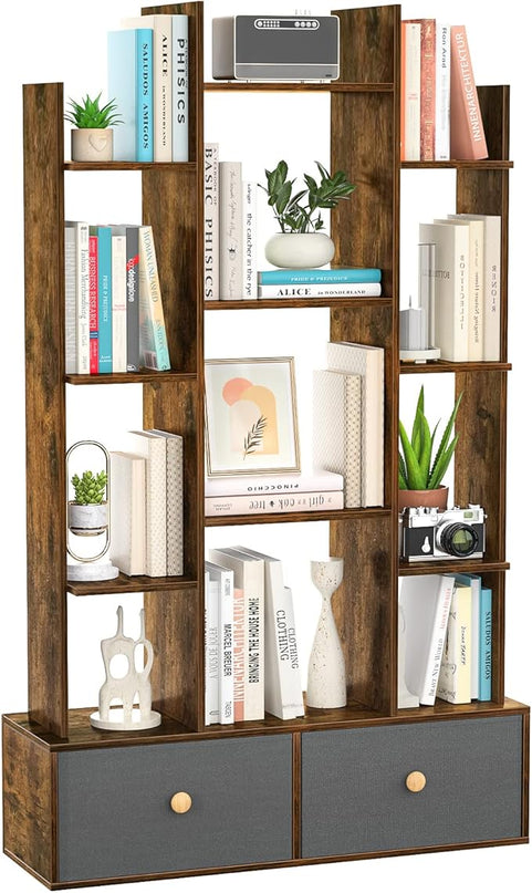 Unikito Bookshelf with 2 Drawers, Vintage Open Bookcase, Free Standing Book Shelf Organizer, Industrial Wood Bookshelves Storage Shelf, Book Case for Bedroom, Living Room, Home Office, Rustic Brown - LeafyLoom