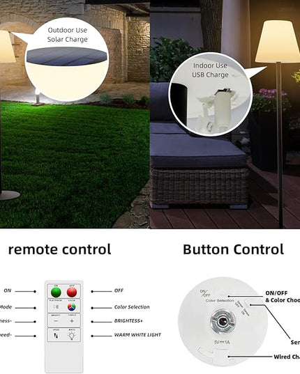 Solar Floor Lamp for Patio Waterproof, Outdoor Floor Lamp with Light Sensor, USB Rechargeable Cordless Floor Lamp with Remote, Dimmable Warm White and Height Adjustable for Lawn Yard Pool Garden - LeafyLoom