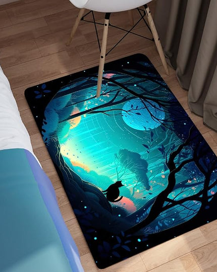 Cat Rug - Magic Black Cat Rug for Home Decor Moon Black Cat Rug for Boys Room Cat Door Mats Outdoor Entrance Forestscape Cat Rug, 2x3 Feet - LeafyLoom