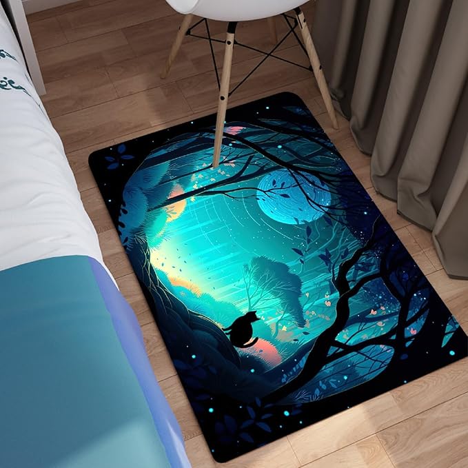 Cat Rug - Magic Black Cat Rug for Home Decor Moon Black Cat Rug for Boys Room Cat Door Mats Outdoor Entrance Forestscape Cat Rug, 2x3 Feet - LeafyLoom