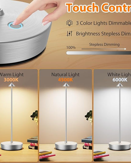 Cordless Rechargeable Table Lamp-Protable 6000mAh Battery Operated Outdoor Waterproof Table Light- Dimmable Desk Lamps LED Touch for Outdoor Patio Dining Restaurant Home Living Room (Silver - LeafyLoom