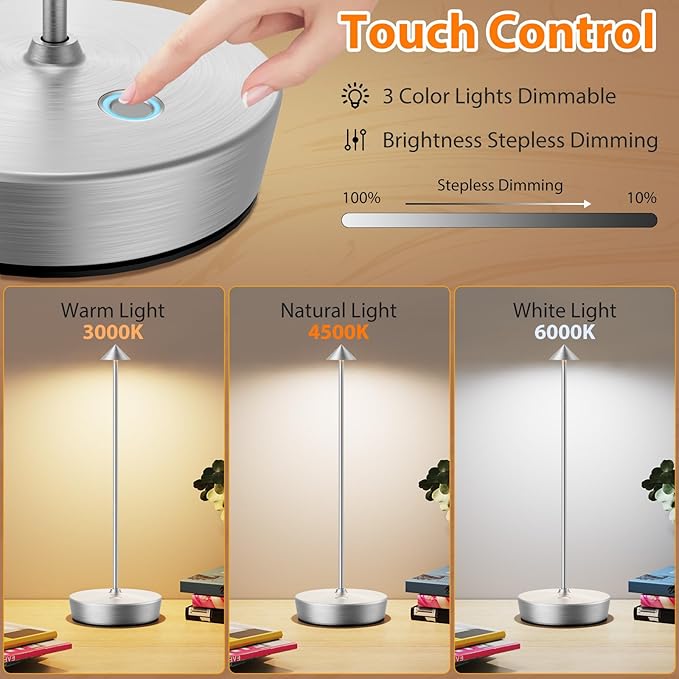 Cordless Rechargeable Table Lamp-Protable 6000mAh Battery Operated Outdoor Waterproof Table Light- Dimmable Desk Lamps LED Touch for Outdoor Patio Dining Restaurant Home Living Room (Silver - LeafyLoom