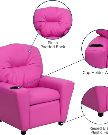 Flash Furniture Chandler Vinyl Kids Recliner with Cup Holder and Safety Recline, Contemporary Reclining Chair for Kids, Supports up to 90 lbs., Hot Pink - LeafyLoom