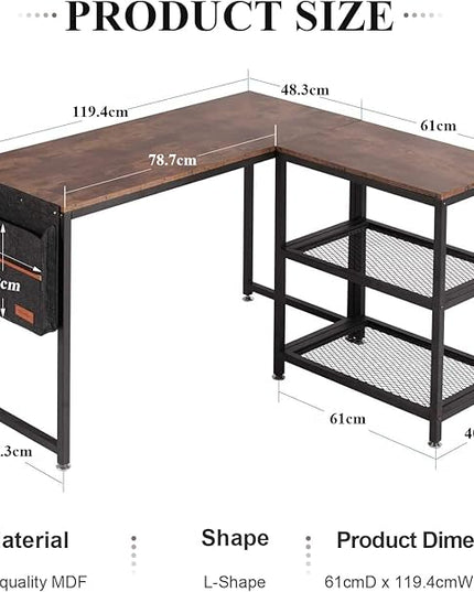 VECELO L Shaped Computer Gaming Corner Desk with Storage Bag and Shelf Home Office Table for Study Writing Room, Small Space Workstation, Easy to Assemble, Brown - LeafyLoom