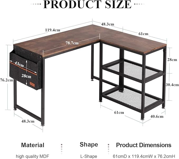 VECELO L Shaped Computer Gaming Corner Desk with Storage Bag and Shelf Home Office Table for Study Writing Room, Small Space Workstation, Easy to Assemble, Brown - LeafyLoom