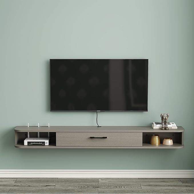 Pmnianhua Floating TV Stand,70'' Wall Mounted Floating TV Shelf for TVs up to 75 inches, Floating TV Wall Unit with Shelves for Gaming Consoles Small Spaces Apartments,Bedrooms (Light Grey Oak) - LeafyLoom