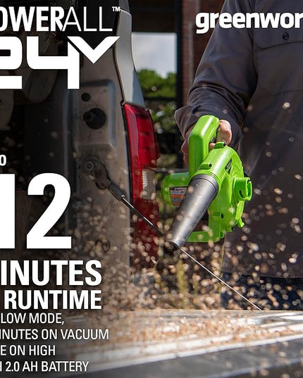 Greenworks 24V (90 MPH / 180 CFM / 125+ Compatible Tools) Cordless Shop Blower, 2.0Ah Battery and Charger Included - LeafyLoom