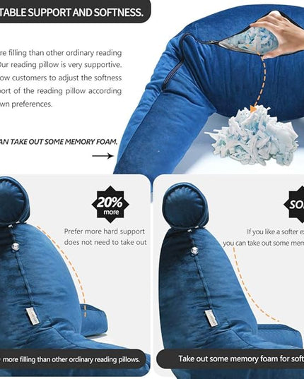Shredded Foam Reading Pillow with Detachable Neck Roll & Big Bed Backrest Pillow for Bed with Arms and Side Pocket - Perfect for Back Support While Relaxing, Gaming, Reading - LeafyLoom
