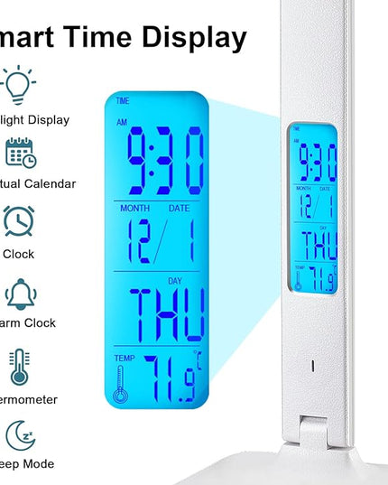 LAOPAO LED Desk Lamp with Wireless Charger, USB Charging Port, Adjustable Foldable Table Lamp with Clock, Alarm, Date, Temperature, 5-Level Dimmable Lighting, Office Lamp with Adapter, White - LeafyLoom