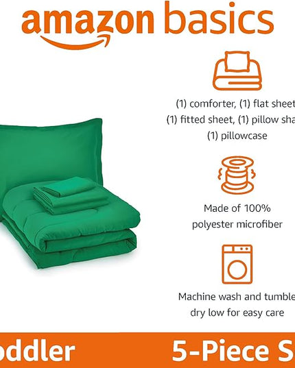 Amazon Basics 2 Piece Microfiber Kid's Bed-in-a-Bag Bedding Set, Toddler, Green, Solid - LeafyLoom