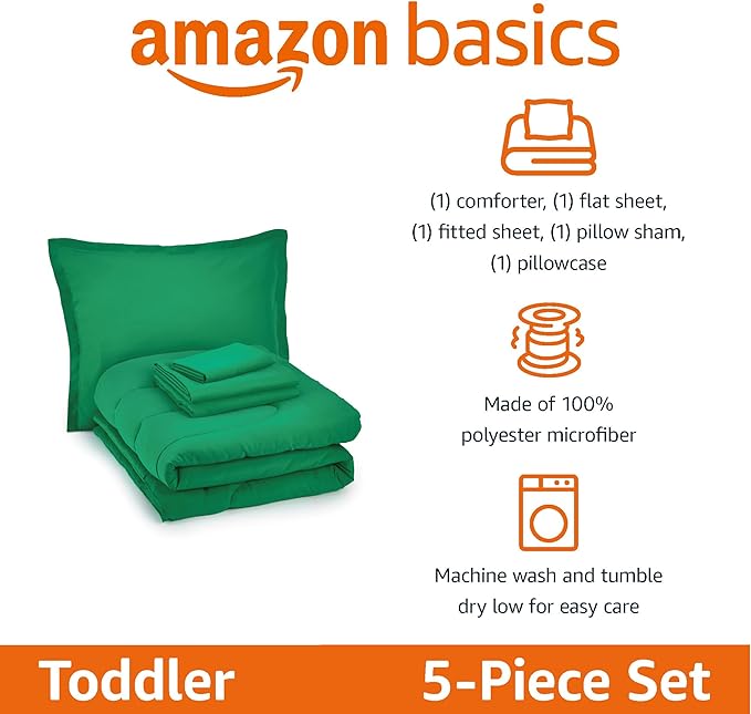 Amazon Basics 2 Piece Microfiber Kid's Bed-in-a-Bag Bedding Set, Toddler, Green, Solid - LeafyLoom