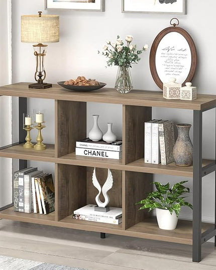 FOLUBAN 6 Cube Storage Organizer with Shelf, Industrial Horizontal Bookshelf, Low Cubby Bookcase for Living Room Bedroom, 47 Inch Oak - LeafyLoom