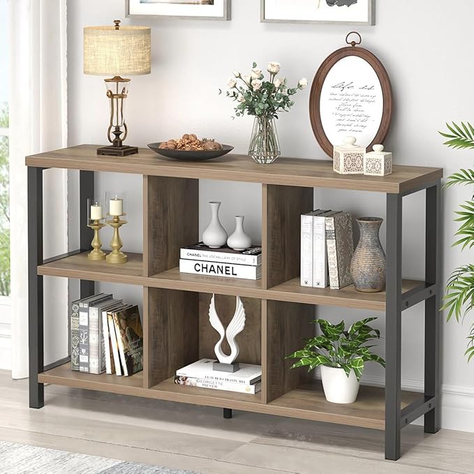 FOLUBAN 6 Cube Storage Organizer with Shelf, Industrial Horizontal Bookshelf, Low Cubby Bookcase for Living Room Bedroom, 47 Inch Oak - LeafyLoom