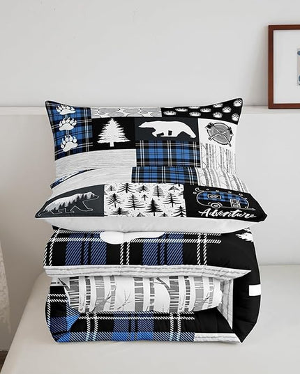 Manfei Bear Paws Comforter Set Twin Size,Pine Trees Geometric Plaids Patchwork Bedding Set for Kids Boys Girls Adults Room Decor,Hunting Adventure Down Comforter,Blue Rustic Duvet Insert,1 Pillowcase - LeafyLoom