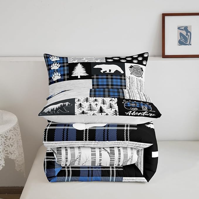 Manfei Bear Paws Comforter Set Twin Size,Pine Trees Geometric Plaids Patchwork Bedding Set for Kids Boys Girls Adults Room Decor,Hunting Adventure Down Comforter,Blue Rustic Duvet Insert,1 Pillowcase - LeafyLoom