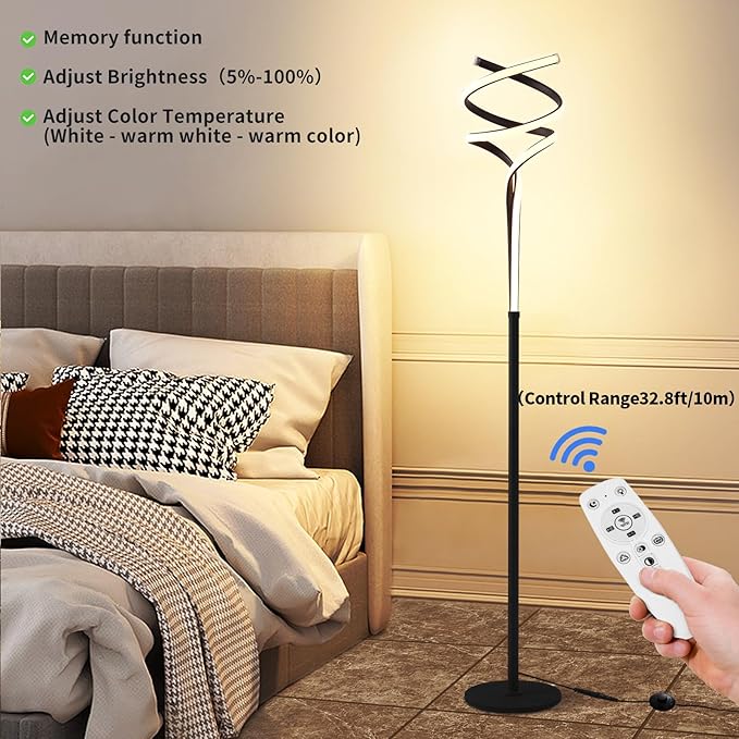 Floor Lamp,LED Modern Floor Lamps for Living Room,2500LM/40W-3-Color/Endless Dimmable Remote Control Standing Lamp,63" Black Floor Lamp for Living Room Bedroom Office. - LeafyLoom