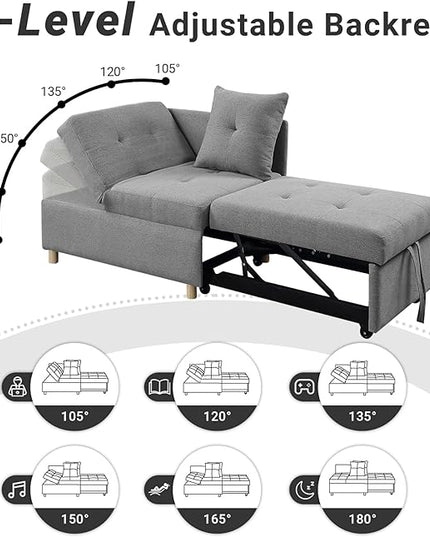 4-in-1 Convertible Sleeper Sofa, Single Pull Out Couch Chair with 6-Level Adjust Backrest Loveseat with Storage and Pillows, Modern Recliner for Living Room Apartment Office, Grey - LeafyLoom