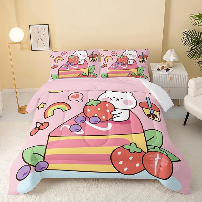 Kawaii Bear Comforter Queen,Pink Bear Comforter Set for Kids Teens Girls,3Pcs Bedding Set Printed Comforter with 2 Pillowcases,Down Alternative,Soft and Lightweight，Queen Size - LeafyLoom