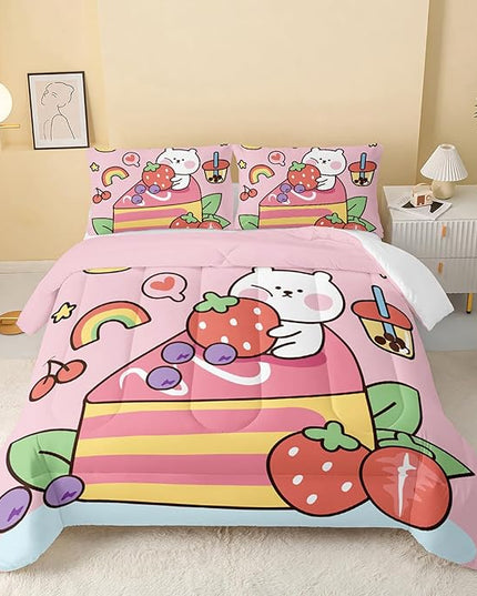Kawaii Bear Comforter Full,Pink Bear Comforter Set for Kids Teens Girls,3Pcs Bedding Set Printed Comforter with 2 Pillowcases,Down Alternative,Soft and Lightweight，Full Size - LeafyLoom