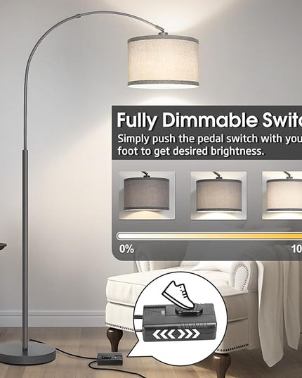 Arc Floor Lamp with Dimmer, Dimmable Floor Lamp for Living Room, Modern Standing Lamp with Gray Adjustable Hanging Shade, Tall Pole Lamp Reading Light for Bedroom, Over Couch, 9W LED Bulb Included - LeafyLoom