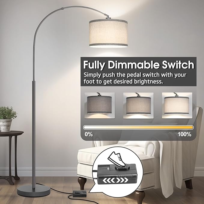 Arc Floor Lamp with Dimmer, Dimmable Floor Lamp for Living Room, Modern Standing Lamp with Gray Adjustable Hanging Shade, Tall Pole Lamp Reading Light for Bedroom, Over Couch, 9W LED Bulb Included - LeafyLoom