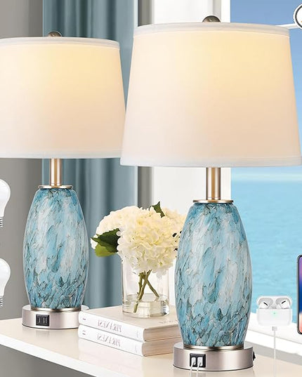 Table Lamps Set of 2, 3-Way Lighting Modes Modern Table Lamps for Bedroom, Coastal Bedside Lamps with USB Port & Type C, Glass Nightstand Lamps, 24" Table Lamps for Living Room Bedroom Decoration - LeafyLoom
