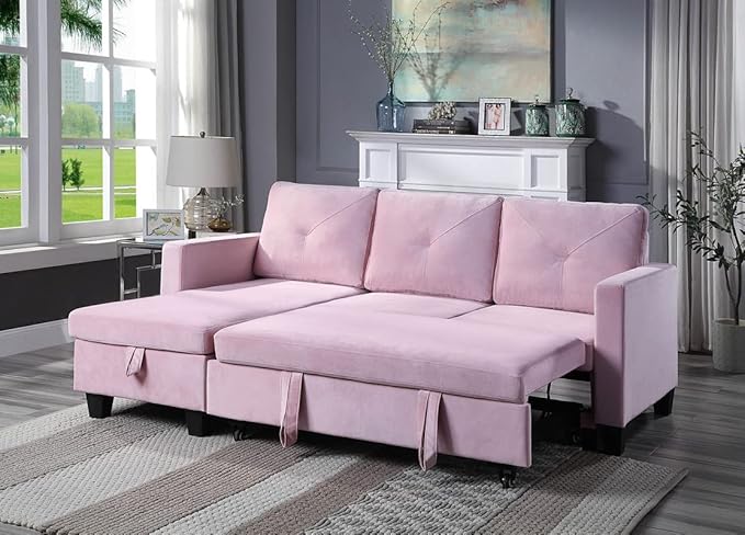 Reversible L Shaped Velvet Sectional Sofa Couch with Storage Chaise, Pull Out Sleeper Bed Removable Back Cushions for Living Room, Apartment, Small Space, Pink, 82.5 - LeafyLoom