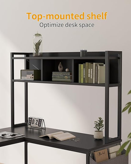 BANTI L Shaped Desk with Hutch, 58 inch Corner Computer Desk with Drawer,Home Office Gaming Table Workstation with Storage Bookshelf, Black - LeafyLoom