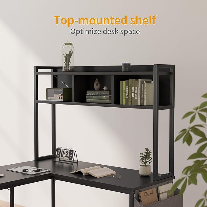 BANTI L Shaped Desk with Hutch, 58 inch Corner Computer Desk with Drawer,Home Office Gaming Table Workstation with Storage Bookshelf, Black - LeafyLoom
