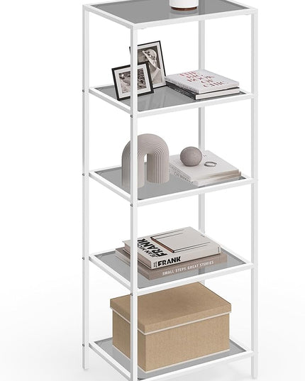 VASAGLE Bookcase, 5-Tier Bookshelf, Slim Shelving Unit for Bedroom, Bathroom, Home Office, Tempered Glass, Steel Frame, Pearl White and Slate Gray ULGT029W01 - LeafyLoom