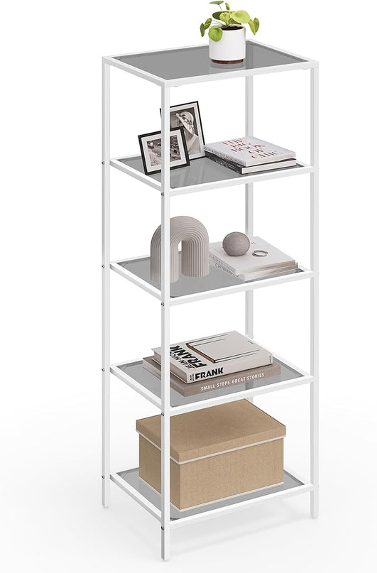 VASAGLE Bookcase, 5-Tier Bookshelf, Slim Shelving Unit for Bedroom, Bathroom, Home Office, Tempered Glass, Steel Frame, Pearl White and Slate Gray ULGT029W01 - LeafyLoom