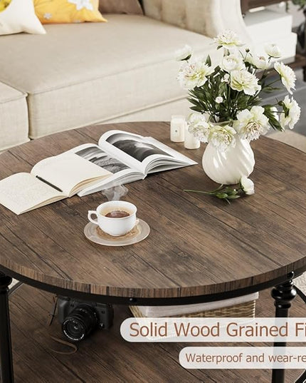 GAOMON Round Coffee Table Rustic Center Table with Storage Shelf 2-Tier Industrial Accent Center Table Wood Circle Coffee Table with Sturdy Metal Legs, Easy Assembly - LeafyLoom