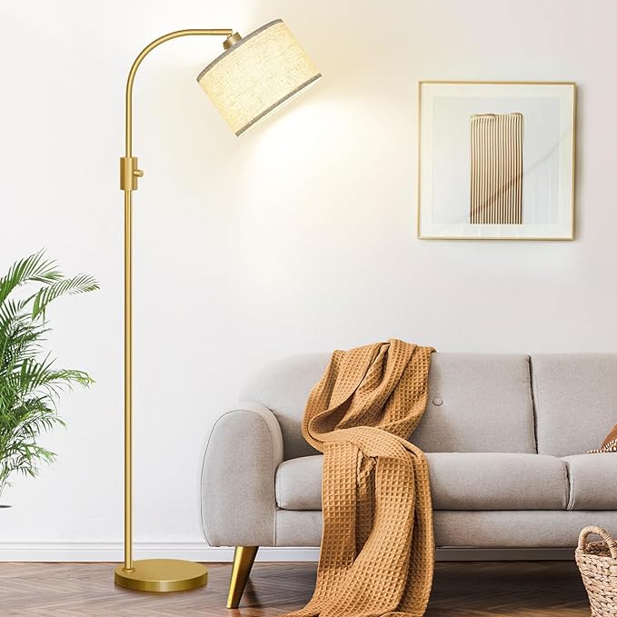 【Upgraded】 Dimmable Floor Lamp, 1200 Lumens LED Bulb Included, Gold Arc Floor Lamps for Living Room Modern Standing Lamp with Linen Shade, Tall Lamp for Living Room Bedroom Office Reading Room Nursery - LeafyLoom