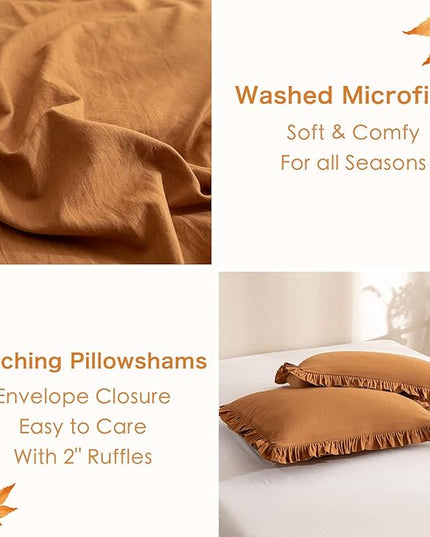 Pumpkin Farmhouse King Size Comforter Set,Shabby Boho Chic Bedding Ruffled King Bed Comforter Vintage Rustic Burnt Orange Bedding Sets 3 Pieces (1 Ruffle Comforter and 2 Pillowcases) - LeafyLoom
