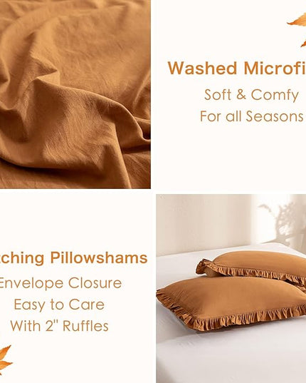 Pumpkin Color Ruffle Comforter Queen Size,Farmhouse Shabby Boho Chic Queen Bedding Comforter Set,3pcs Ultra Soft Fluffy Brown Orange Comforter Sets for Queen Bed with 2 Ruffled Pillowcases - LeafyLoom