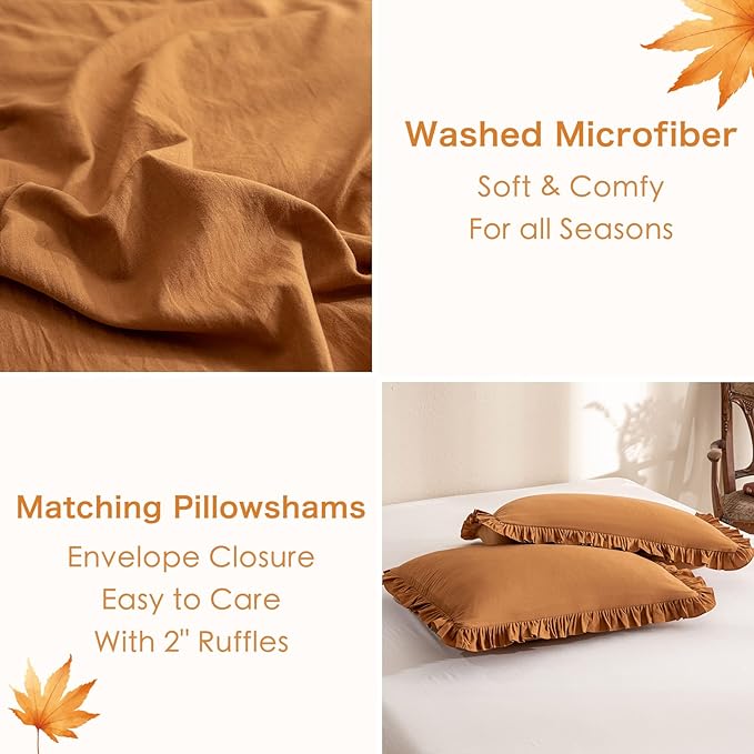 Pumpkin Color Ruffle Comforter Queen Size,Farmhouse Shabby Boho Chic Queen Bedding Comforter Set,3pcs Ultra Soft Fluffy Brown Orange Comforter Sets for Queen Bed with 2 Ruffled Pillowcases - LeafyLoom