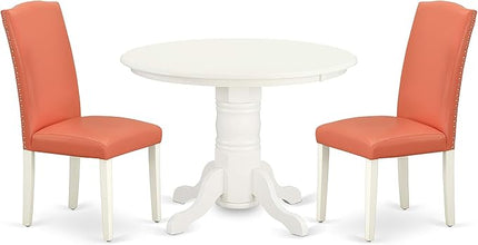 East West Furniture SHEN3-LWH-78 3 Piece Dining Set Contains a Round Kitchen Table with Pedestal and 2 Pink Flamingo Faux Leather Upholstered Chairs, 42x42 Inch - LeafyLoom